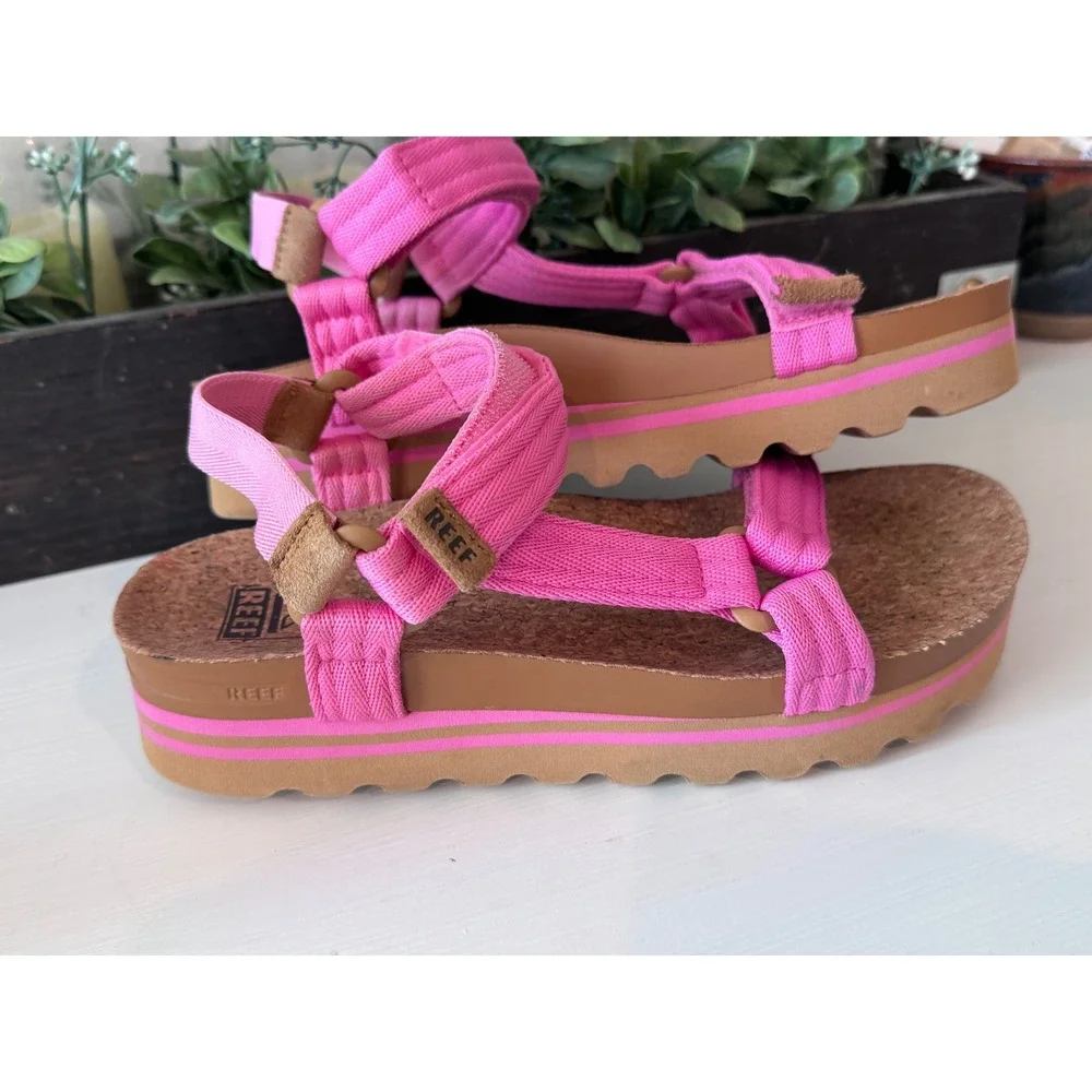 Reef Cushion Rem Hi Womens Pink Platform Strappy Cork Footbed Sandals Size 8